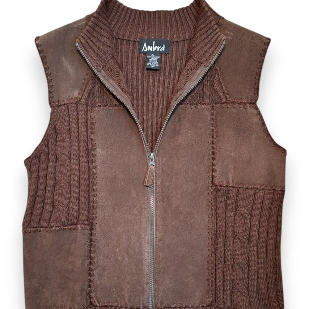 Vintage 80's Mad Max Genuine Leather Patchwork Vest Cable Knit Zip Brown P Large